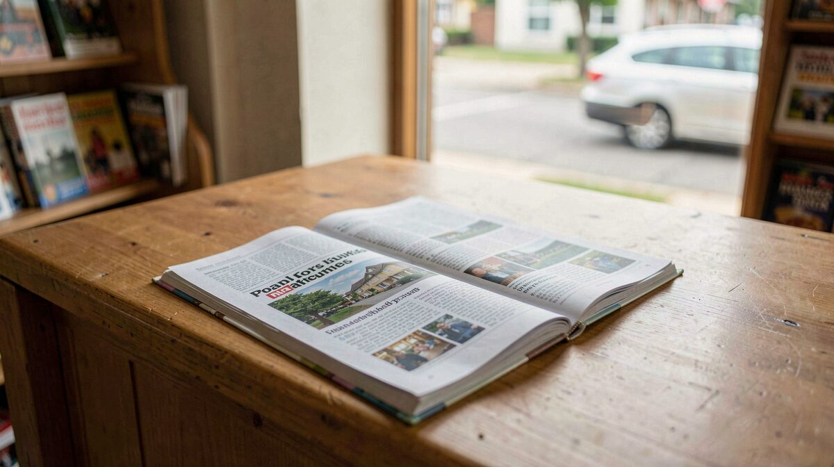 A neighborhood newsstand in morning light, a local magazine displayed flat on the counter, framed tightly on the printed pages.