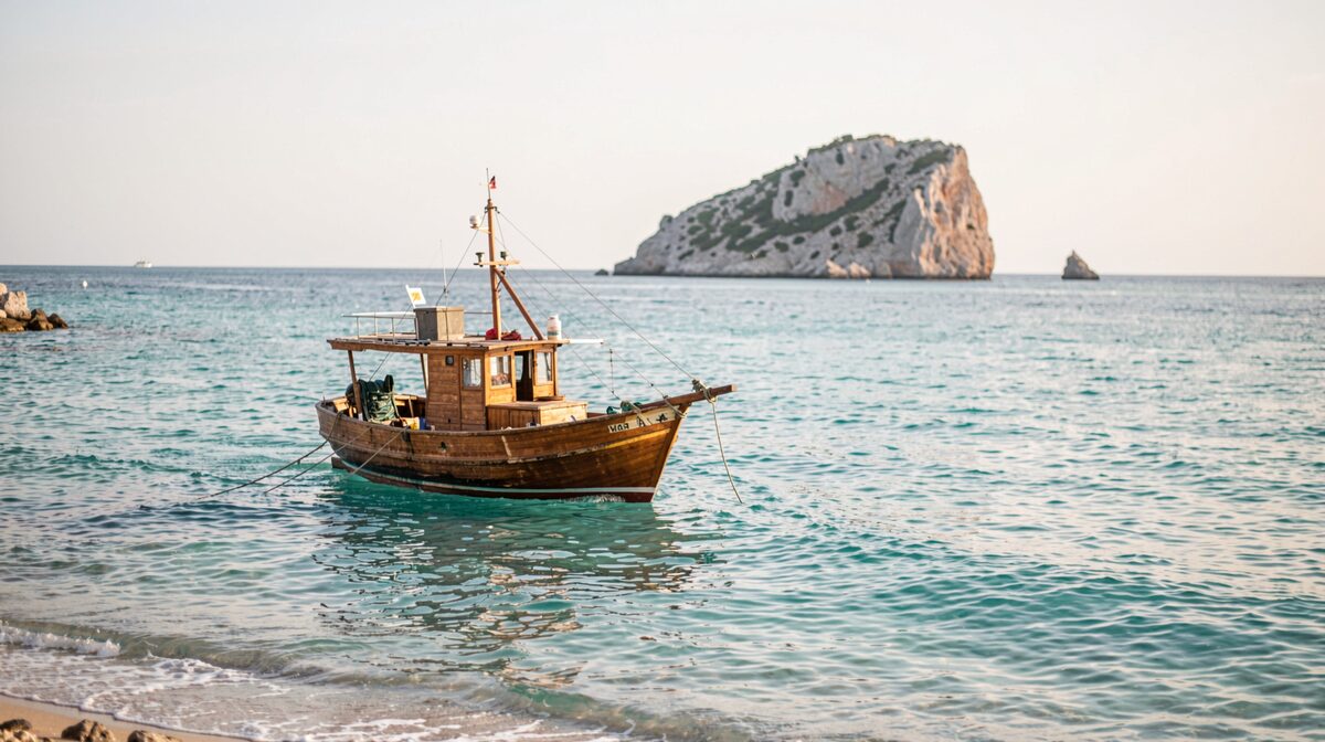 A wooden fishing boat moored in a turquoise bay at morning light, with a limestone islet in the background, framed from the shoreline.